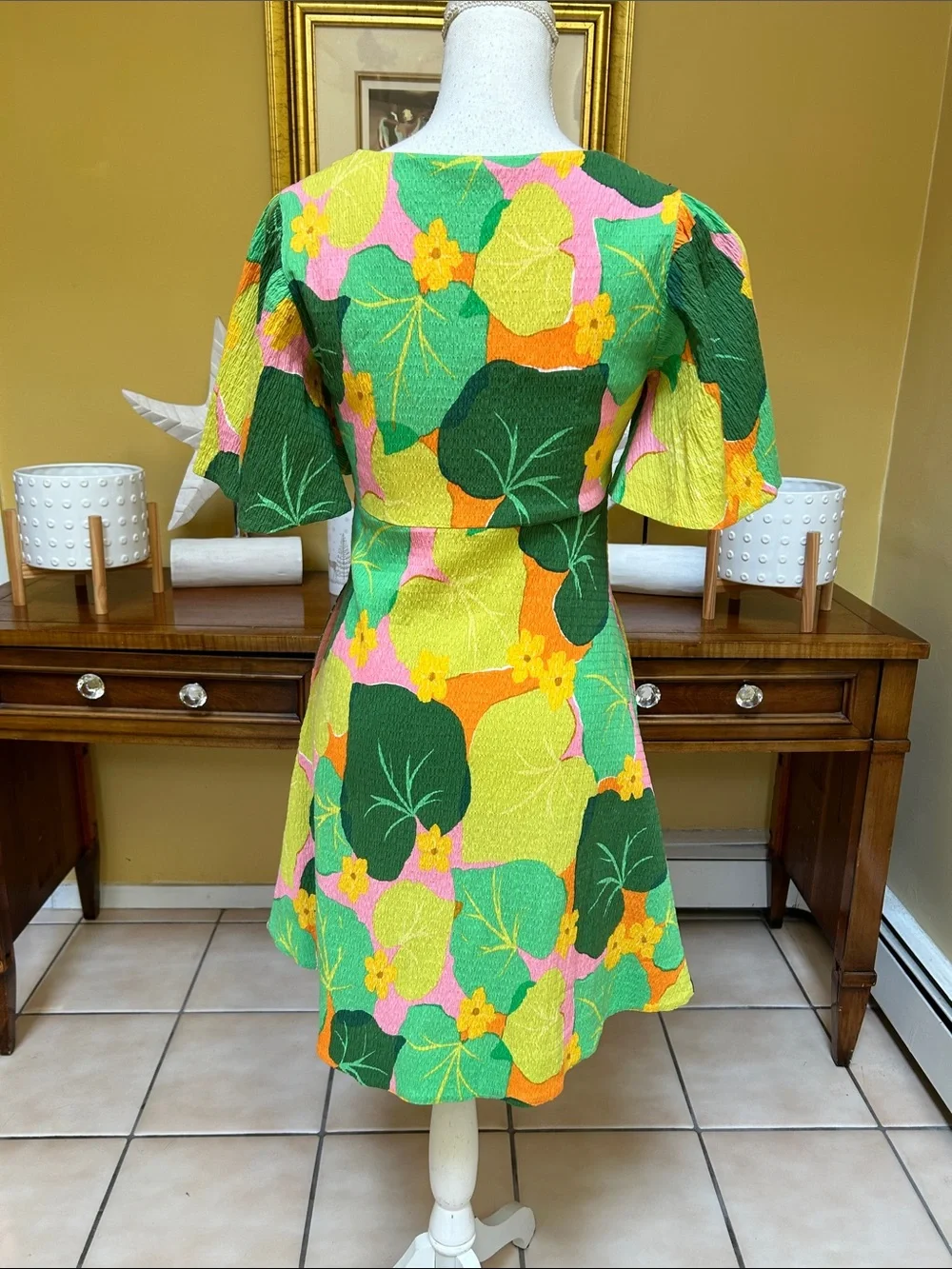Kate Spade New York Cucumber Floral Pink Green V Neck Flutter Sleeve Mini Dress